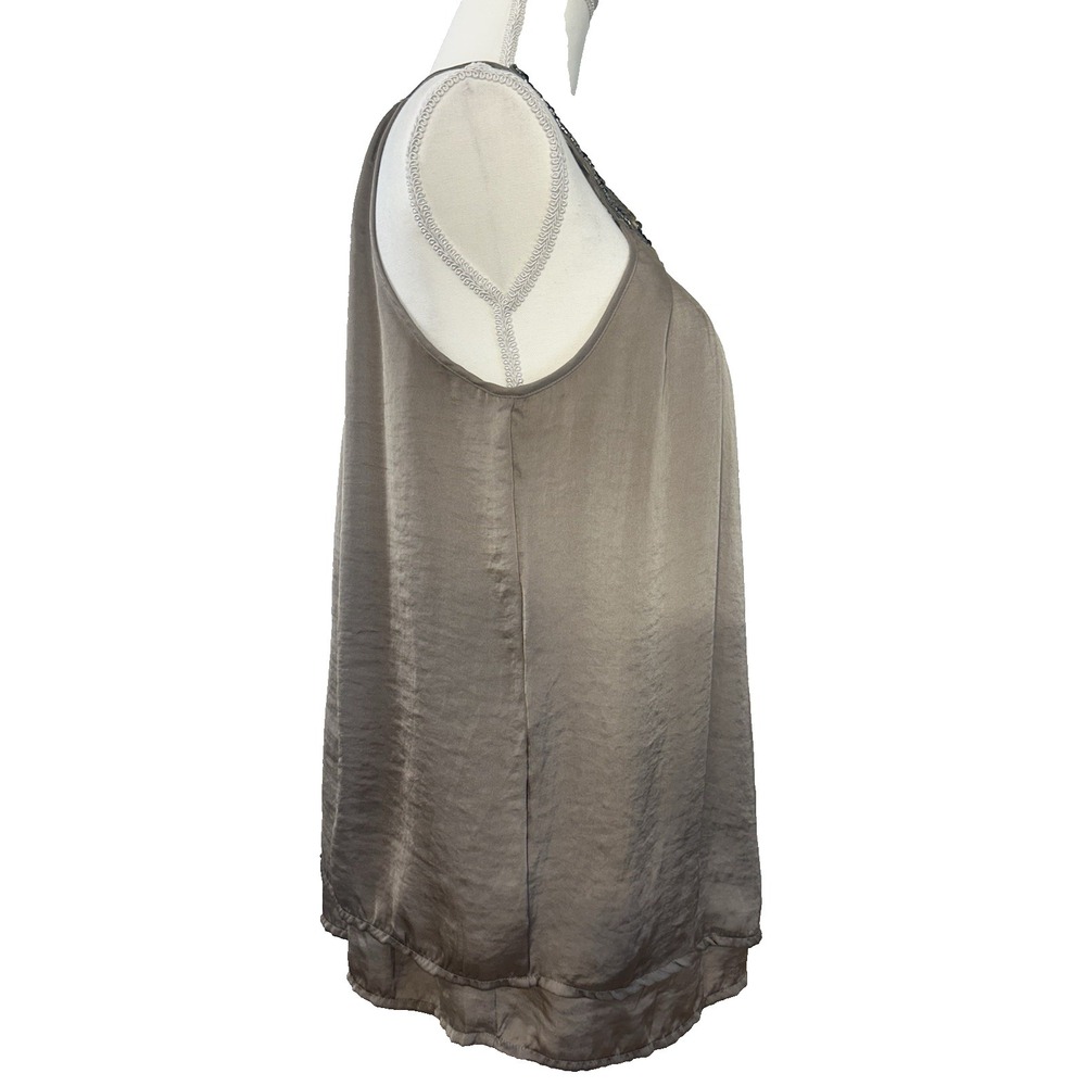 Adiva Slate Grey Satiny 2 Layer Flowy Fairy Blouse Embellished Neckline Sz L - Picture 3 of 9